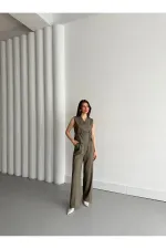 Haki Kruvaze Yaka Yelek Pantolon Takım