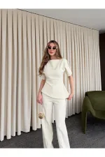 Ensemble chemisier et pantalon asymétrique blanc cassé à manches ballon - 25194