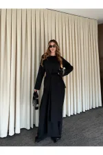 Siyah Kuşaklı Dantel Detaylı Bluz Pantolon Takım - 8006