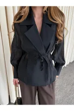 Siyah Vatkalı Transparan Gömlek - 5029