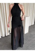 Siyah Gül Detaylı Şifon Elbise - 2485