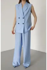 Blue and Black Button-Down Vest and Trousers Set