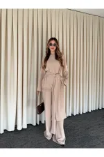 Bej Kuşaklı Dantel Detaylı Bluz Pantolon Takım - 8006