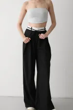 Siyah İp Kemer Detaylı Tasarım Pantolon - 3576