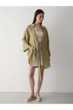 Haki Flam Keten Kimono Gömlek