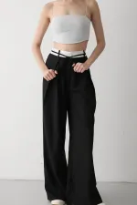 Siyah İp Kemer Detaylı Tasarım Pantolon - 3576