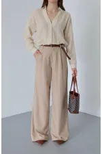 Pantalon beige en maille avec ceinture - 51150