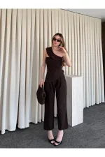 Acı Kahve Tek Omuz Tasarım Yaka Bluz Pantolon Takım - 8003