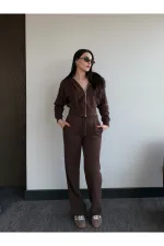 Kahverengi %100 Pamuk Kapüşonlu Fitilli Takım - 51232