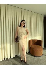 Robe beige en gabardine boutonnée et ceinturée - 5002