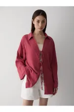 Kimono bordeaux 100 % coton et lin avec détails en dentelle