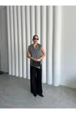 Gri Venedik Çapraz Düğmeli Yelek