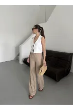 Mink 100% Linen Palazzo Trousers