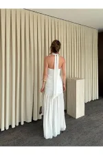 Beyaz Gül Detaylı Şifon Elbise - 2485