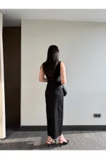 Siyah Düğmeli Kemerli Gabardin Elbise - 5002