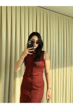 Bordo Düğmeli Kemerli Gabardin Elbise - 5002