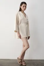 Natural Yarım Kol İçten Kemerli Kimono - 5383