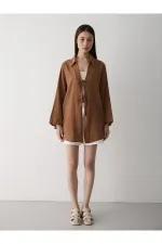 Coffee 100% Cotton Linen Kimono Blouse with Lace Detail