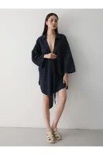 Lacivert Flam Keten Kimono Gömlek