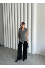 Gri Venedik Çapraz Düğmeli Yelek