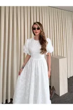 Beyaz %100 Pamuk Sırtı Açık Fisto Elbise - 8235