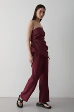 Ensemble chemisier et pantalon bordeaux sans bretelles à fronces latérales