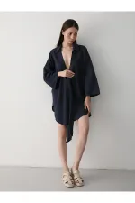 Lacivert Flam Keten Kimono Gömlek