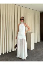 Beyaz Gül Detaylı Şifon Elbise - 2485