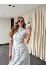 Beyaz Puantiyeli Uzun Elbise - 5092