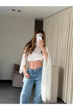 Ekru Muadil Tasarım Triko Pelerin Şal - 5241