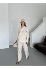 Natural 100% Cotton Double-Breasted Single-Button Kimono Pants Set - 8351 Natural 100% Cotton Double-Breasted Single-Button Kimono Pants Set - 8351