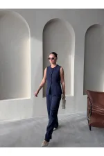 Dark Navy Camille Classic Button-Down Vest Trousers - 8449 Dark Navy Camille Classic Button-Down Vest Trousers - 8449