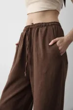 Pantalon marron en coton et lin avec taille élastique