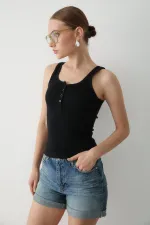Black Front Buttoned Tank Top - 251001