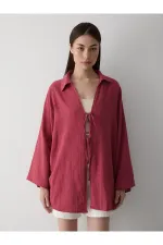 Kimono bordeaux 100 % coton et lin avec détails en dentelle