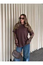 Brown Blouse with Lace Sleeves - 1049