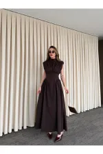 Kahverengi Vatkalı Elbise - 25193