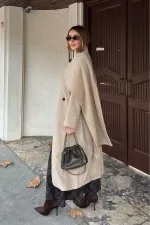 Bej Atkı Detaylı Uzun Kaban - 85163