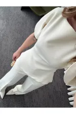 Ensemble chemisier et pantalon asymétrique blanc cassé à manches ballon - 25194