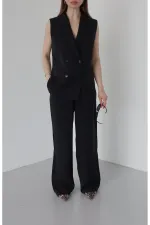 Siyah Siyah Düğmeli Yelek Pantolon Takım