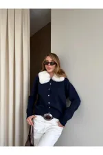 Lacivert Yakası Kürklü Hırka - 261002