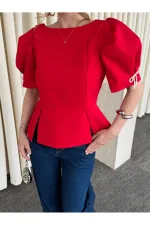 Kırmızı Kolu İnci Fiyonk Detaylı Bluz - 5001