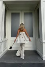 Beyaz Siyah Puantiyeli Straplez Bluz Pantolon Takım