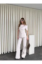 Bej Balon Kol Düğmeli Ceket Pantolon Takım - 0440