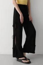 Pantalon noir 100 % coton avec fente latérale et détail de ceinture à nouer
