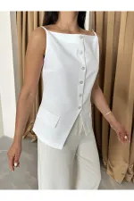 White 100% Cotton Thin Strap Vest with Pocket and Button Details White 100% Cotton Thin Strap Vest with Pocket and Button Details