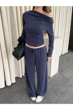 İndigo Kayık Yaka Modal İkili Takım - 7323