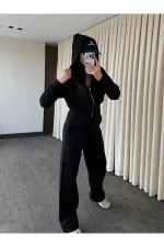 Siyah %100 Pamuk Kapüşonlu Fitilli Takım - 51232