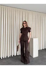 Kahverengi Balon Kol Düğmeli Ceket Pantolon Takım - 0440