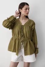 Khaki 100% Cotton Muslin Shirt with Elasticated Sleeves